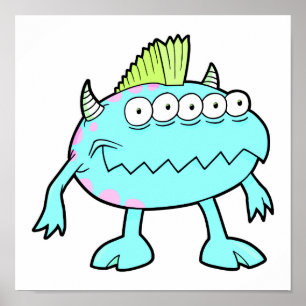 Poster monstre mohawk punk bleu de nombreux yeux