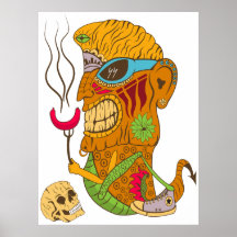 Monstre Tiki barbecue avec saucisse et crâne humai