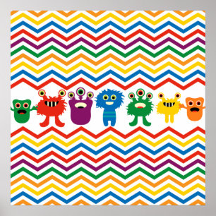 Poster Monstres mignonnes colorées Fun Chevron Motif rayé