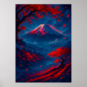 Poster Mont Fuji avec Imaginaire en fleurs rouges Japonai
