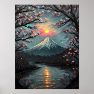 Poster Mont Fuji Coucher de Soleil Floraison de Cerisier