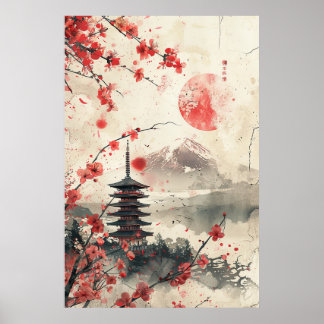 Poster Mont Fuji et pagode – Paysage japonais classique
