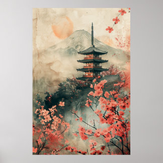 Poster Mont Fuji et pagode – Paysage japonais classique