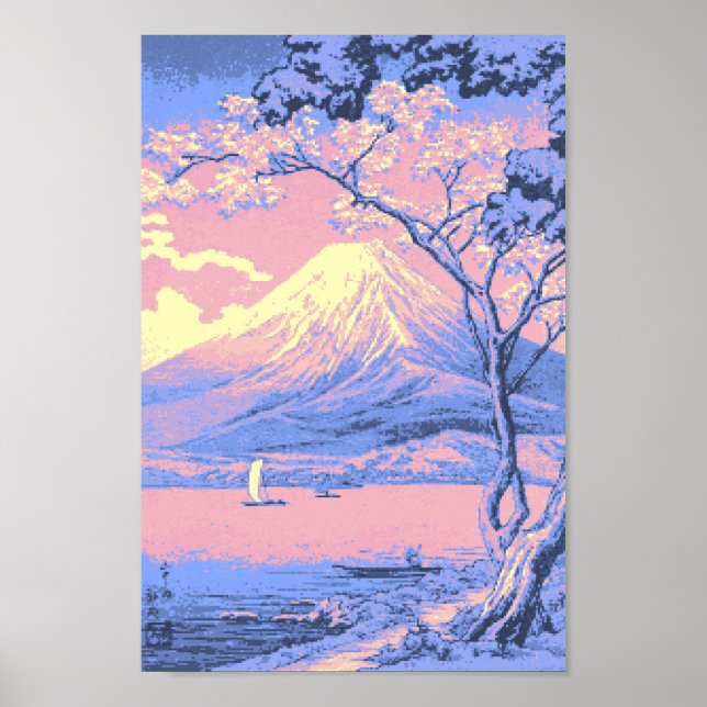 Poster Mont Fuji rose et violet du lac Yamanaka (Devant)