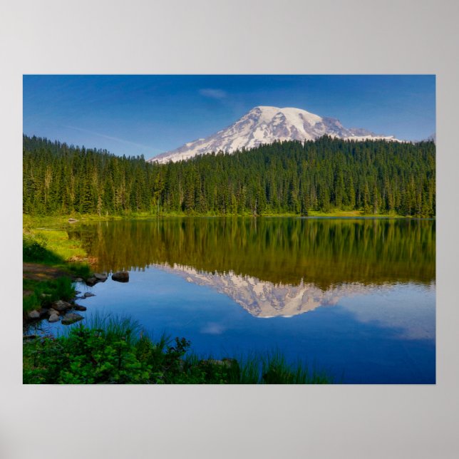 Poster Mont Rainier et lac de réflexion (Devant)
