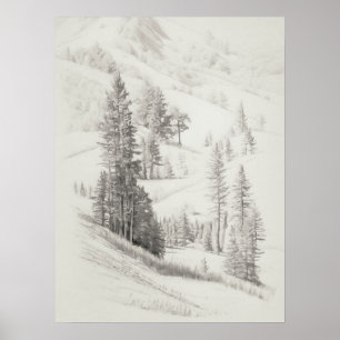 Poster montagne alpine et arbres croquis, gravure vintage