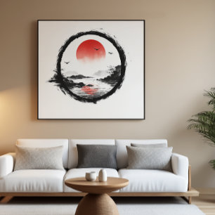 Poster Montagne Art Soleil Rouge - Équilibre Zen