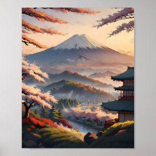 Poster Montagne au lever du soleil, un paysage japonais s