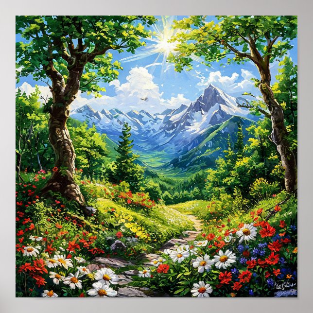 Poster Montagne dans la forêt avec fleurs et arbres (Devant)