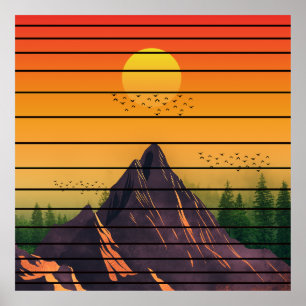 POSTER MONTAGNE NATURE VINTAGE COUCHER DE SOLEIL