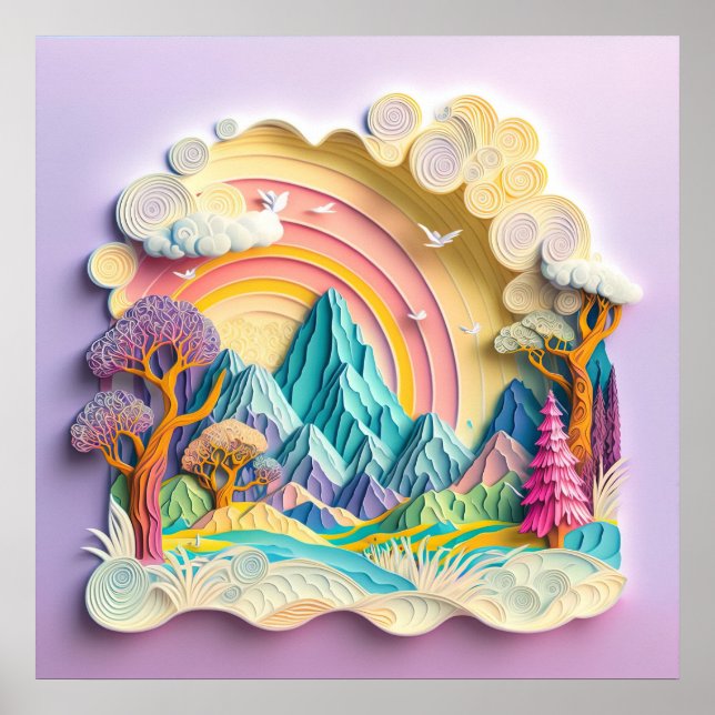 Poster Montagnes Arc-en-ciel Découpé en Papier (Devant)