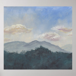 Poster Montagnes Bleues Gouache : Scène Nature Vibrante