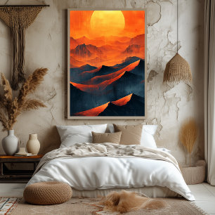 Poster Montagnes de coucher de soleil ardent en orange mo