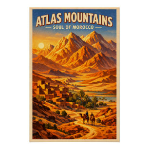 Poster Montagnes de l'Atlas, Maroc, dans un style rétro c