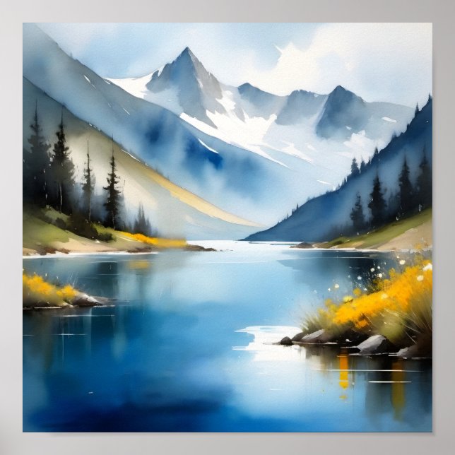 Poster Montagnes enneigées et lac (Devant)