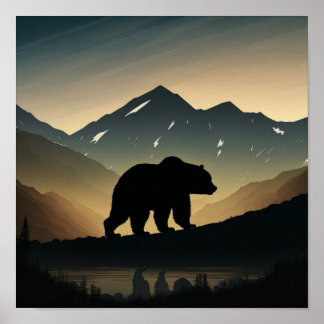 Poster Montagnes minimalistes et silhouette d'ours noir
