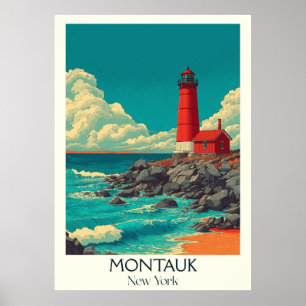Poster Montauk New York Vintage Lighthouse Beach Art
