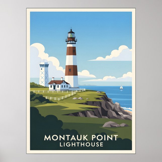 Poster Montauk Point Lighthouse, Coastal Cliff & Sailboat (Devant)