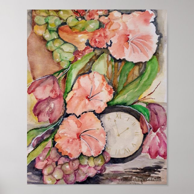 Poster Montre aquarelle avec la vie morte des fruits (Devant)