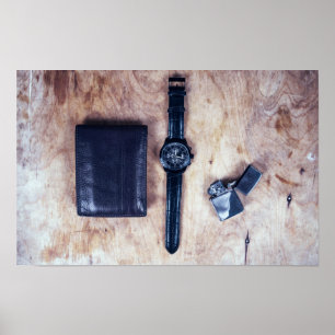 Poster montre-bracelet avec portefeuille et briquet
