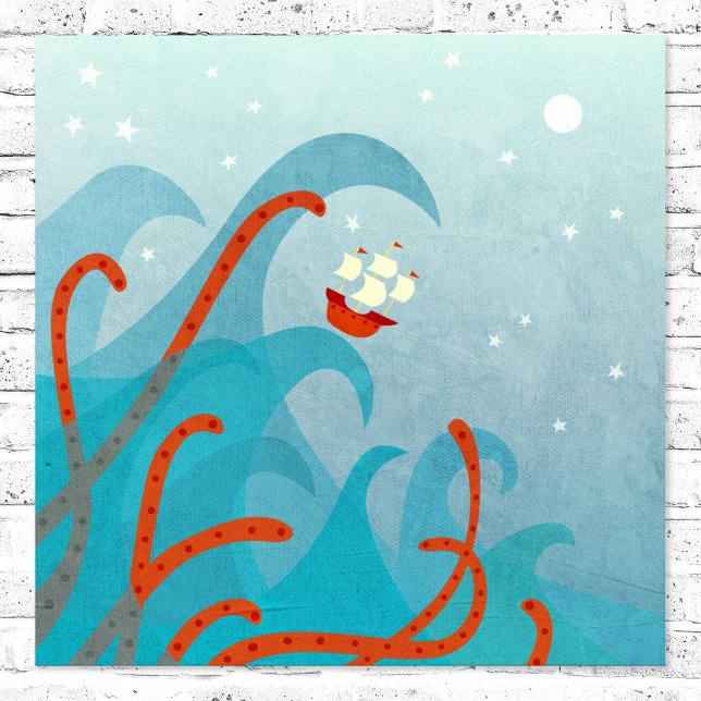 Poster Montre marin de voilier (Sailing boat and sea monster poster for sailors and adventurers)