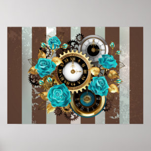 Poster Montre Steampunk et roses turquoise sur fond rayé