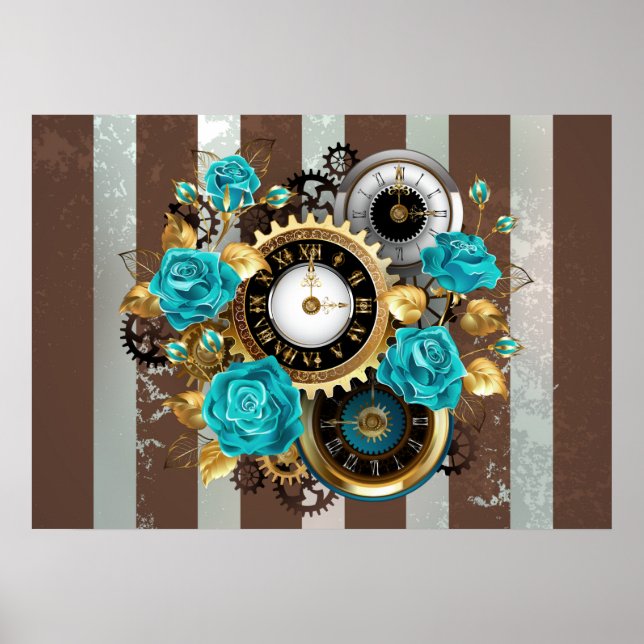 Poster Montre Steampunk et roses turquoise sur fond rayé (Devant)