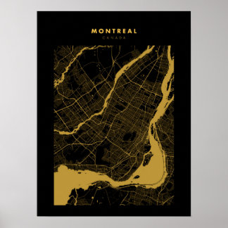 Poster Montréal - Canada Carte de la ville en or sombre