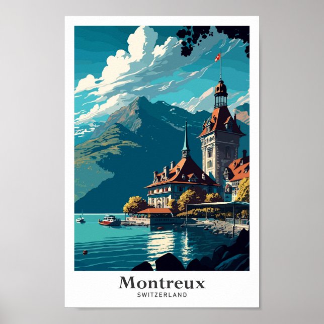 Poster Montreux Suisse Vintage voyage Illustration (Devant)