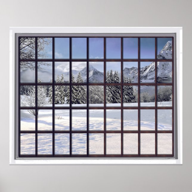 Poster Monts Neige Faux - Fenêtre de scène hivernale (Devant)