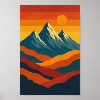 Poster Monts paysage rétro illustration rouge bleu