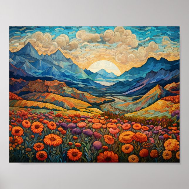 Poster Monts Retro Illustration du paysage Artistique (Devant)