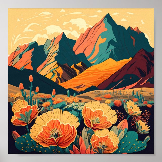 Poster Monts Retro Illustration du paysage Artistique (Devant)