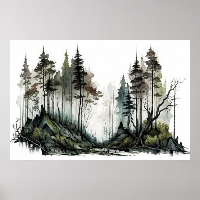 Poster Moody Dark Forest Watercolor (Devant)
