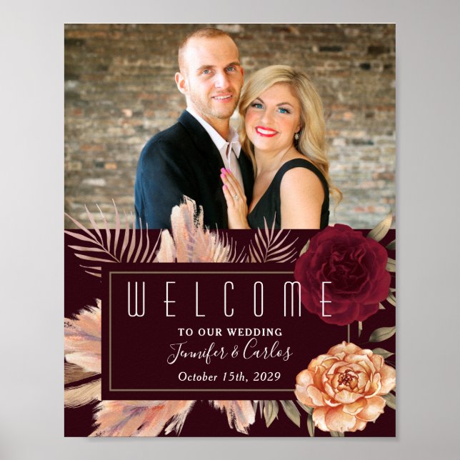 Poster Moody Floral Bourgogne Mariage Bienvenue (Devant)