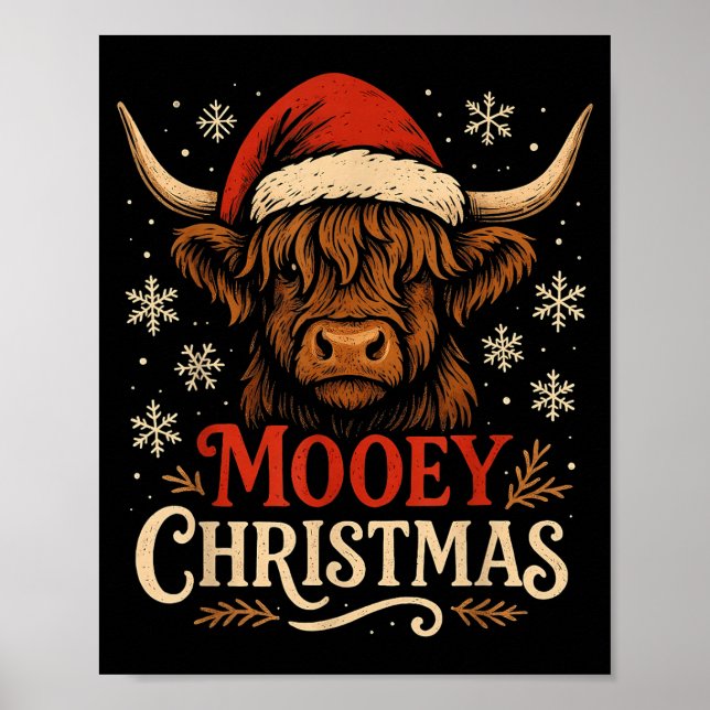Poster Mooey Christmas Highland Cow Funny Santa Hat Desig (Devant)