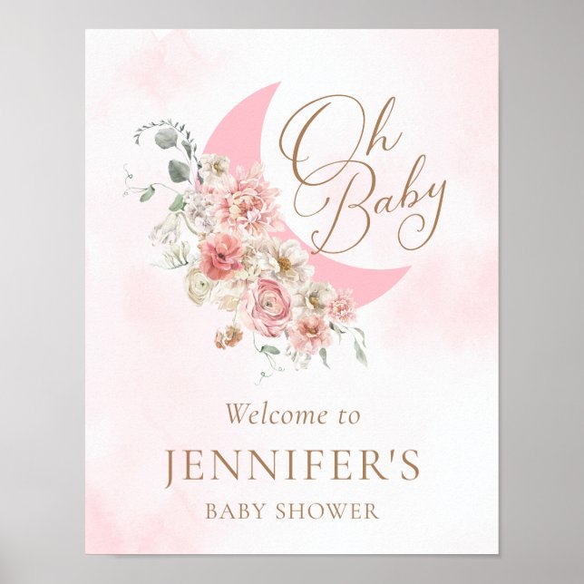 Poster Moon rose fille Baby shower Bienvenue (Devant)