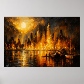Poster Moonfire Skyline - Fiery Cityscape Under Full Moon