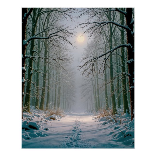 Poster Moonlight Footprints In a Snowy Forest (Devant)