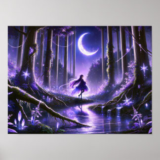 Poster Moonlit Forest Sorceress fille sous des crêtes enc