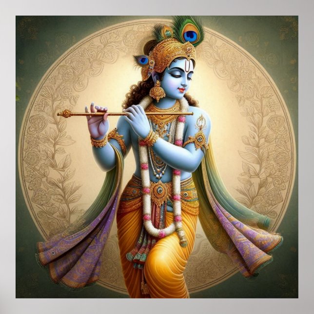 Poster Moonlit Krishna Art : Deité Flûte, Indien Spiritue (Devant)