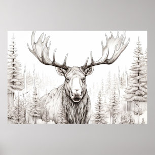 Poster Moose Nature paisible Prairie Sketch Style de dess