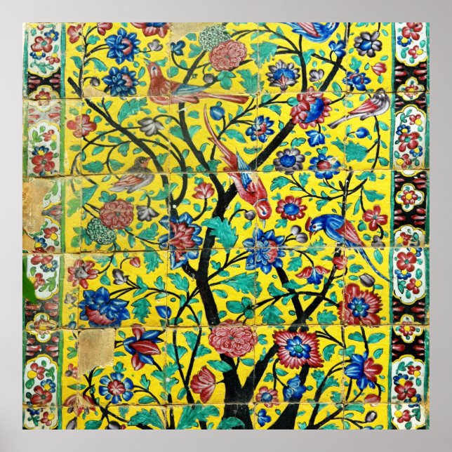 Poster Mosaïque de mosaïque d'oiseaux et de fleurs d'art  (Devant)
