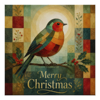 Poster Mosaïque de Noël Robin Oiseau Houx Baie