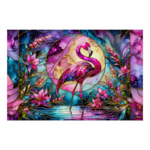 Poster Mosaïque de verre coloré Flamant Rose
