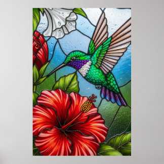 Poster Mosaïque florale de jardin colibri en patchwork de