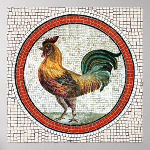 POSTER MOSAÏQUES ROMAINES ANTIQUES / COQ
