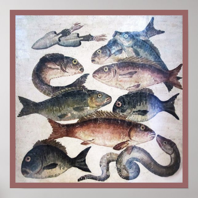 POSTER MOSAÏQUES ROMAINES ANTIQUES, POISSONS, ESPACE DE V (Devant)