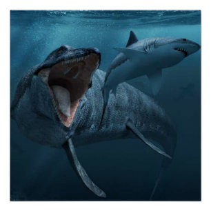 Poster Mosasaurus pourchasse l'affiche de requin
