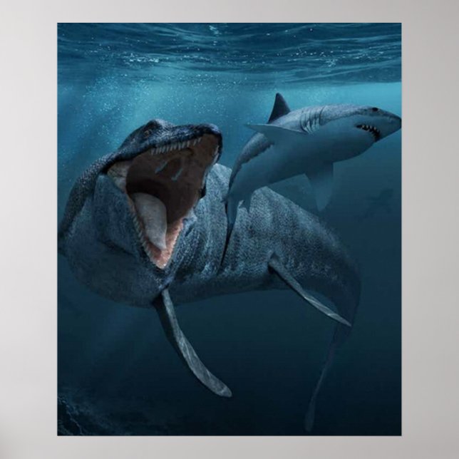 Poster Mosasaurus pourchasse le requin (Devant)